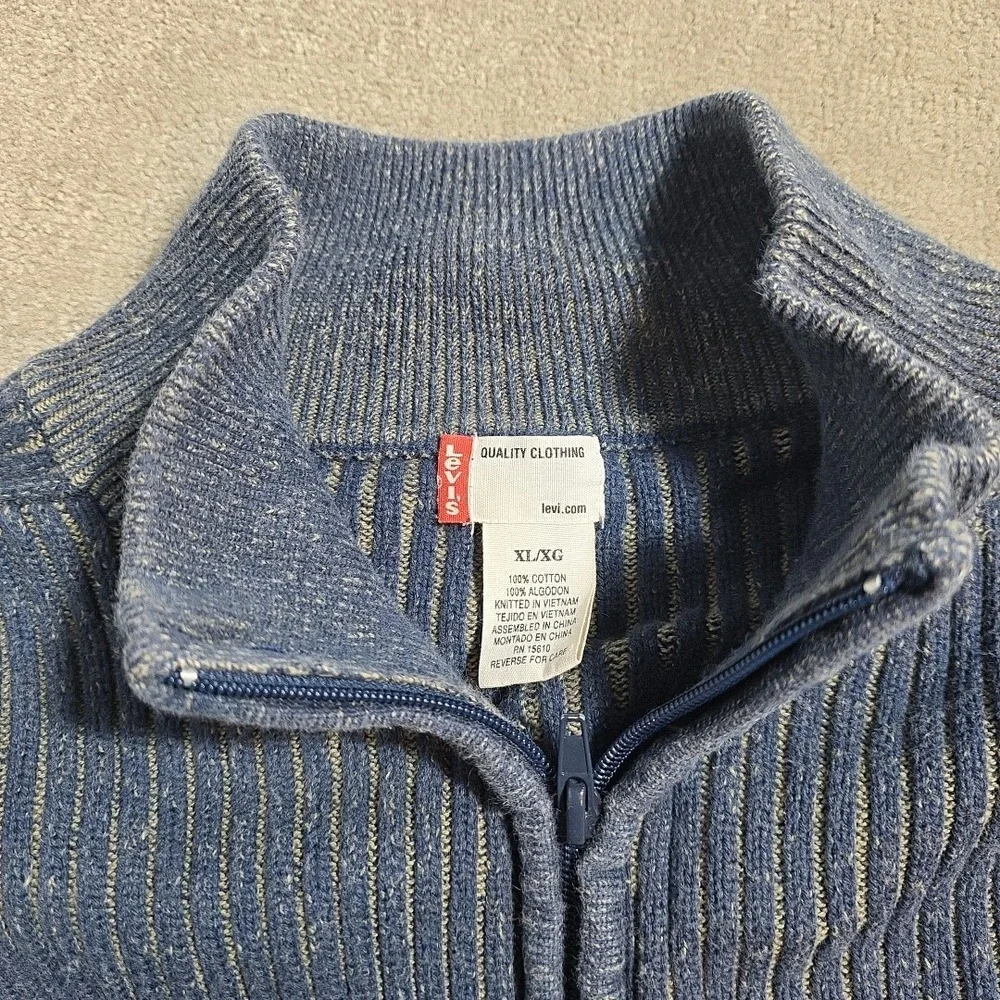 VTG 90s Levi Quarter Zip Sweater‎ Mens XL Blue Rust Ribbed Knit Cotton Pullover
